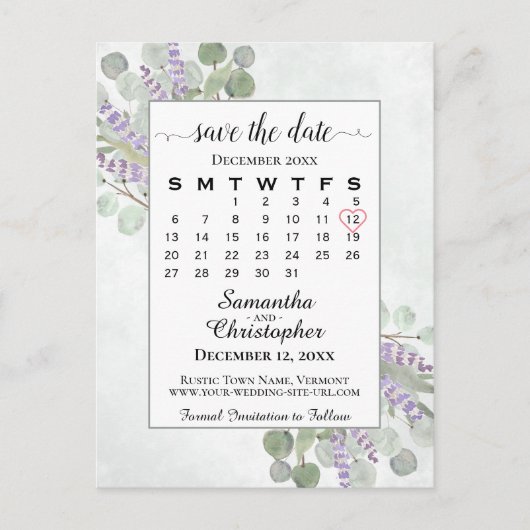 Weddenschap Opslaan Datum kalender Eucalyptus Whit Aankondigingskaart (Voorkant)