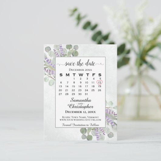 Weddenschap Opslaan Datum kalender Eucalyptus Whit Aankondigingskaart (Staand voorkant)