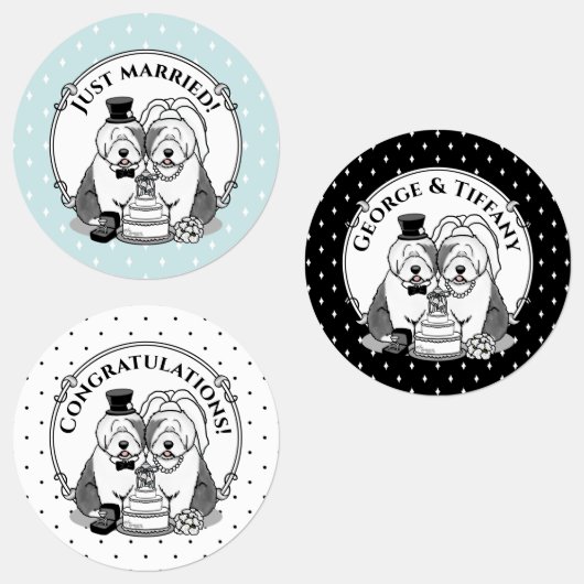 Weddenschap Oude Engelse Sheepdogs Bride Groom Gra Labels (Groep)