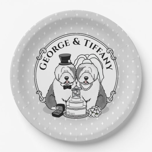 Weddenschap Oude Engelse Sheepdogs Bride Groom Gra Papieren Bordje (Voorkant)