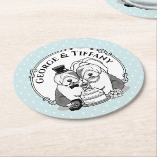 Weddenschap Oude Engelse Sheepdogs Bride Groom Gra Ronde Kartonnen Onderzetter