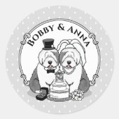 Weddenschap Oude Engelse Sheepdogs Bride Groom Gra Ronde Sticker (Voorkant)