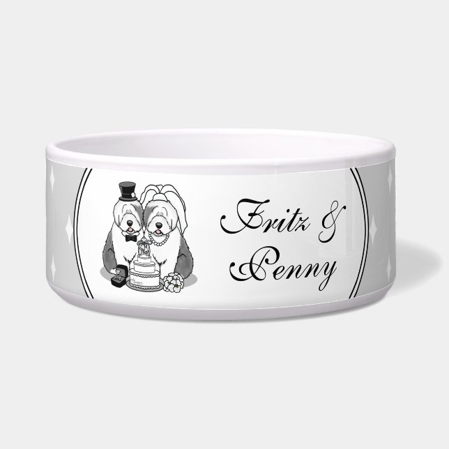 Weddenschap Oude Engelse Sheepdogs Bride Groom Gra Voerbakje (Voorkant)