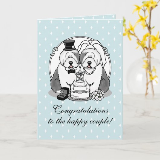 Weddenschap Oude Engelse Sheepdogs Bride Groom Gre Kaart (Gele Bloem)