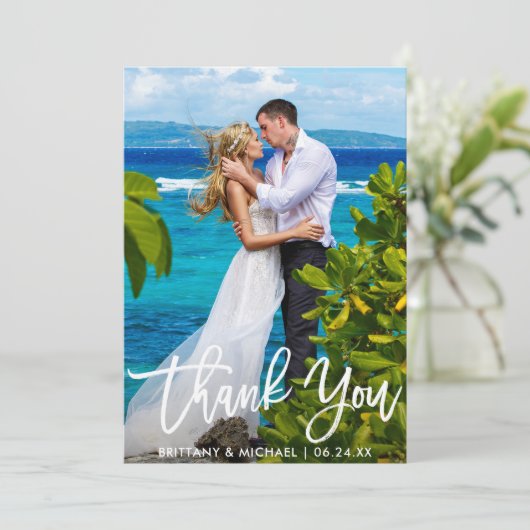 Weddenschap Paars Foto modern penseelscript Bedankkaart (Staand voorkant)