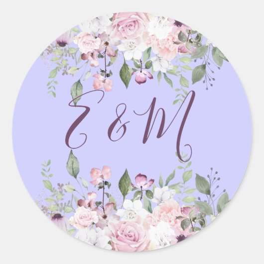 Weddenschap Paarse Floral-monogram Ronde Sticker (Voorkant)