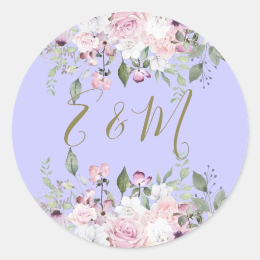 Weddenschap Paarse Floral Monogram Summer Gold Ronde Sticker (Voorkant)