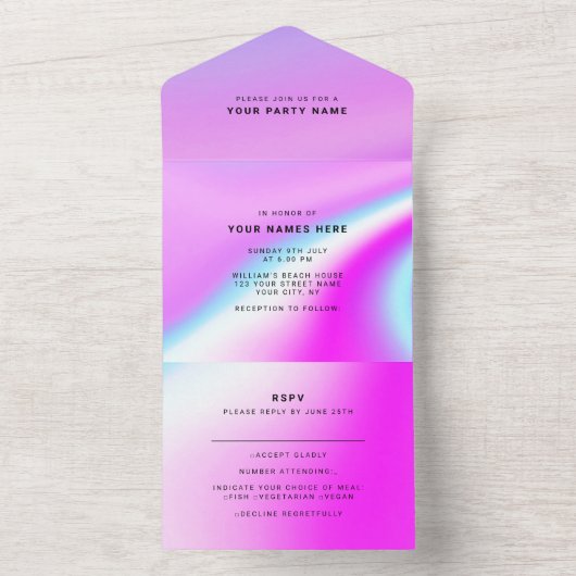 Weddenschap Paarse holografische moderne legant All In One Uitnodiging (Binnen)