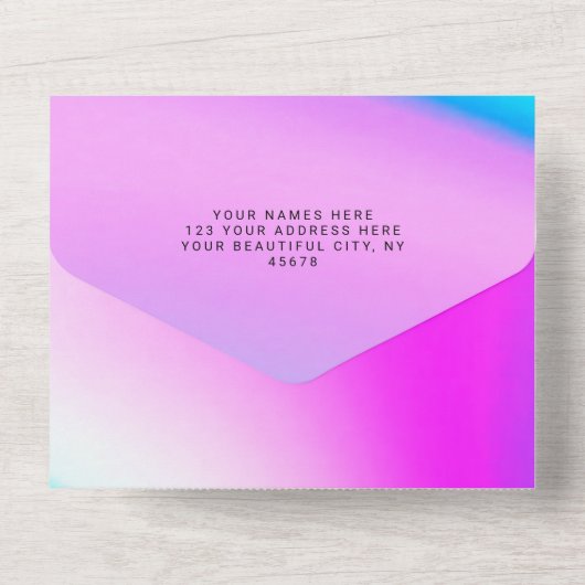 Weddenschap Paarse holografische moderne legant All In One Uitnodiging (Achterkant)