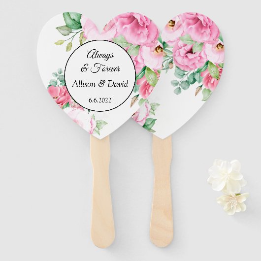 Weddenschap Paddle Fans Pink Floral Handwaaier (Voorkant en achterkant)