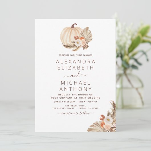 Weddenschap Pampas Grass White Pumpkin Terracotta Kaart (Staand voorkant)