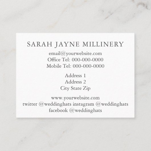 Weddenschap Pet Designer Milliner Visitekaartje (Achterkant)