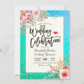 Weddenschap Pink Floral Blauwgroen Gold Confetti Kaart (Voorkant)