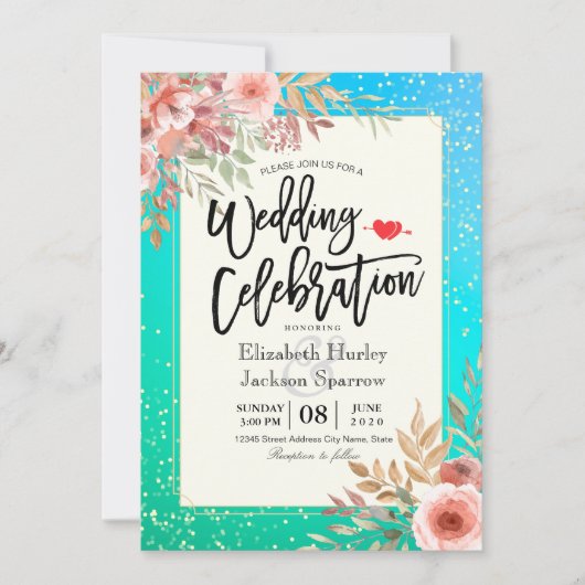 Weddenschap Pink Floral Blauwgroen Gold Confetti Kaart (Voorkant)