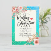 Weddenschap Pink Floral Blauwgroen Gold Confetti Kaart (Staand voorkant)