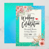 Weddenschap Pink Floral Blauwgroen Gold Confetti Kaart (Voorkant / Achterkant)