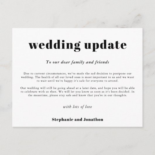 Weddenschap Postpone Update Typografische Black Wh Aankondigingskaart (Voorkant)