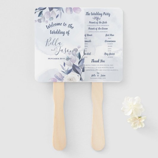Weddenschap Programma Cute Waterverf Dusty Blue Fl Handwaaier (Voorkant en achterkant)