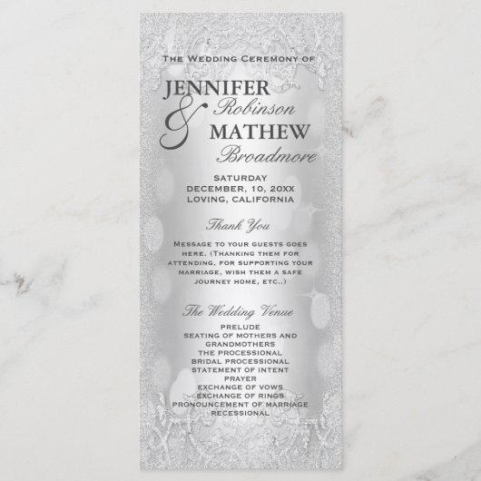 Weddenschap Programma Elegant Silver Faux Glitter Programmakaart (Voorkant)