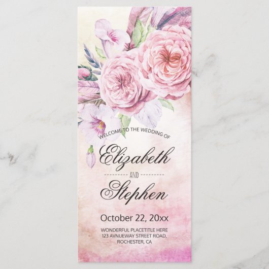 Weddenschap Programma Elegant Waterverf Floral Fea Programmakaart (Voorkant)