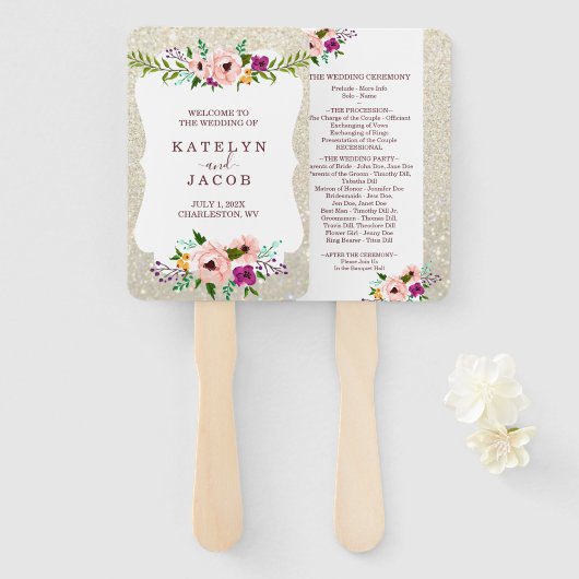 Weddenschap programma voor White Gold Floral Glitt Handwaaier (Voorkant en achterkant)