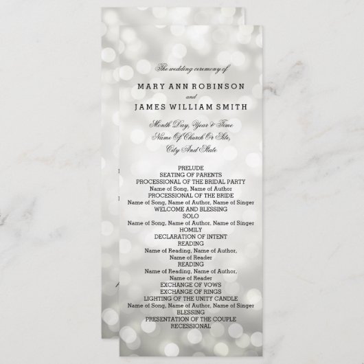 Weddenschap-programma Zilveren glitter-lichten Programmakaart (Voorkant / Achterkant)