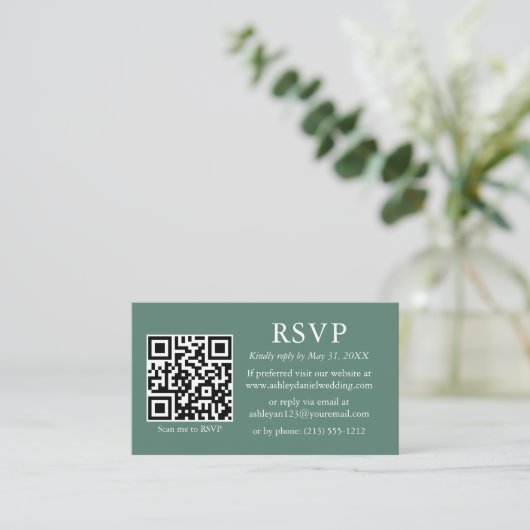 Weddenschap QR Foto Eucalyptus Green RSVP Informatiekaartje (Staand voorkant)