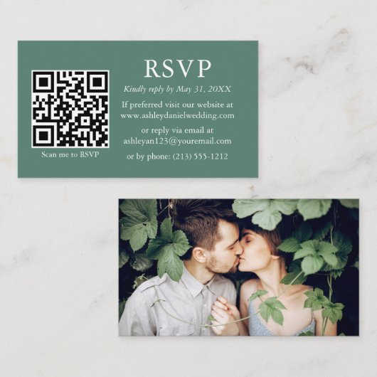 Weddenschap QR Foto Eucalyptus Green RSVP Informatiekaartje (Voorkant / Achterkant)