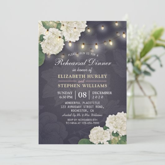 Weddenschap-repetitie Dinner Hydrangeas String Lig Kaart (Staand voorkant)