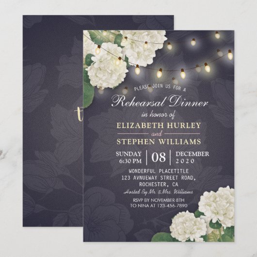 Weddenschap-repetitie Dinner Hydrangeas String Lig Kaart (Voorkant / Achterkant)