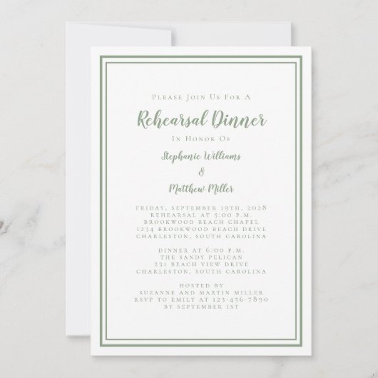 Weddenschap-repetitie Dinner Modern Sage Green Whi Kaart (Voorkant)