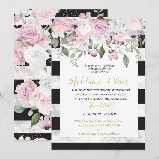 Weddenschap repetitie in Floral Marble Black Chic Kaart (Voorkant / Achterkant)