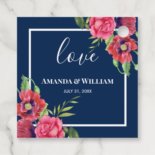 Weddenschap Rood en Roze Bloemen Donkere marine Bedankjes Labels (Achterkant)