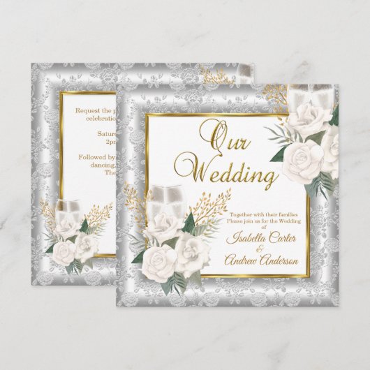 Weddenschap Roos Champagne Gold Silver Damask Kaart (Voorkant / Achterkant)