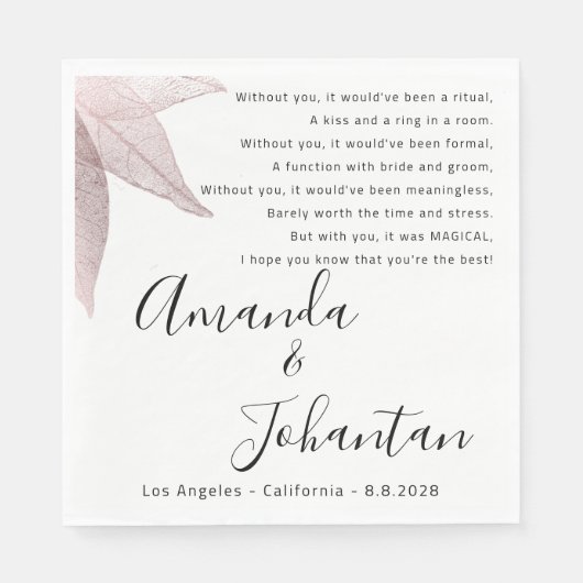 Weddenschap Roos Dank gedicht Floral Black White Servet (Voorkant)