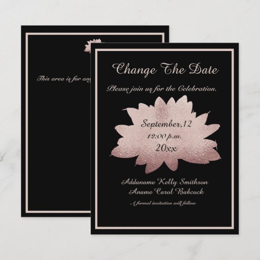 Weddenschap Roos Gold Floral Modern Black Change / Save The Date (Voorkant / Achterkant)