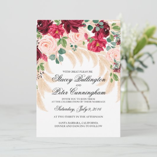 Weddenschap roos pampasgras kaart (Staand voorkant)