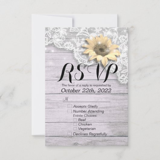 Weddenschap RSVP Antwoord Chic Lace Sunflower Wood (Voorkant)