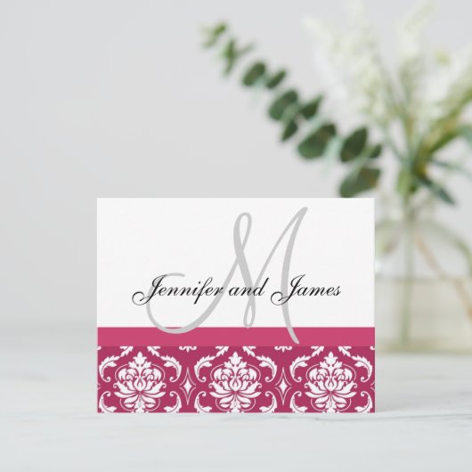 Weddenschap RSVP Card Hot Pink Damask Monogram & N (Staand voorkant)
