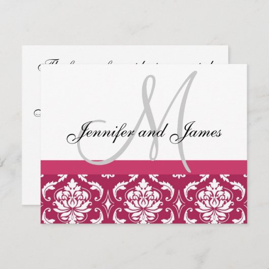 Weddenschap RSVP Card Hot Pink Damask Monogram & N (Voorkant / Achterkant)