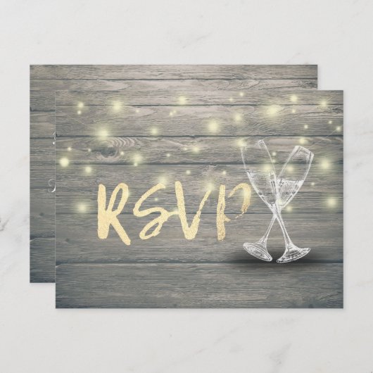 Weddenschap RSVP Champagne Glasses Wood String Lig Uitnodiging Briefkaart (Voorkant / Achterkant)