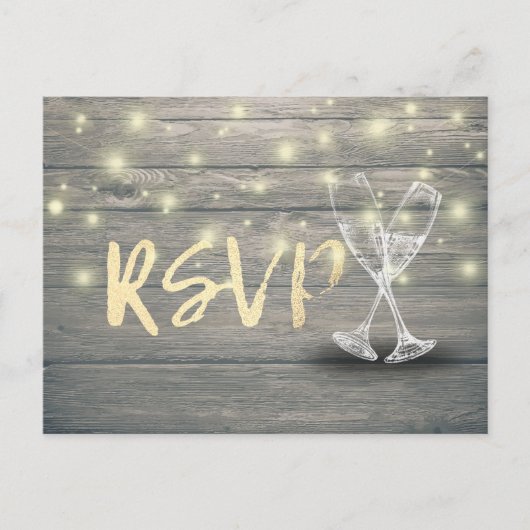 Weddenschap RSVP Champagne Glasses Wood String Lig Uitnodiging Briefkaart (Voorkant)