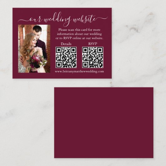 Weddenschap RSVP Details Foto 2 QR Burgundy Informatiekaartje (Voorkant / Achterkant)