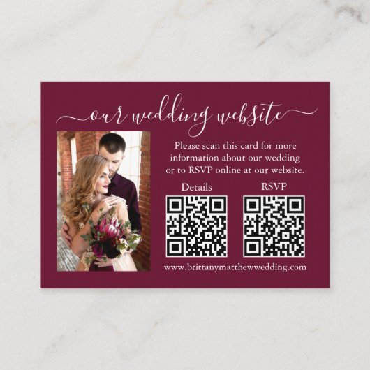 Weddenschap RSVP Details Foto 2 QR Burgundy Informatiekaartje (Voorkant)