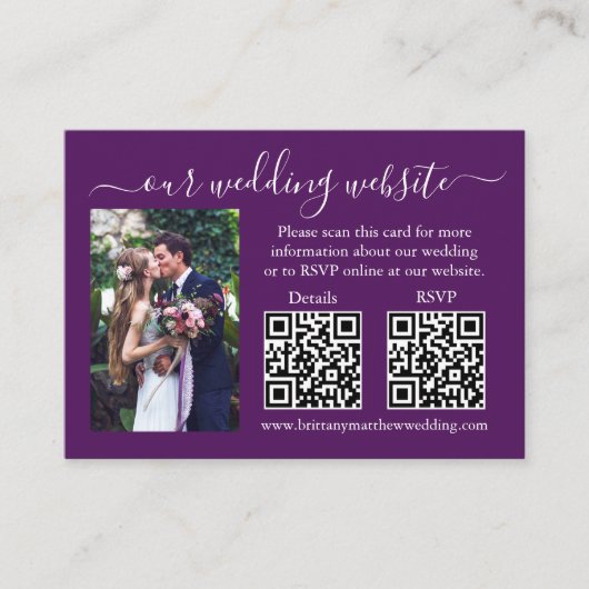 Weddenschap RSVP Details Foto 2 QR Paars Informatiekaartje (Voorkant)