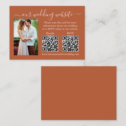 Weddenschap RSVP Details Foto 2 QR Terracotta Informatiekaartje (Voorkant / Achterkant)