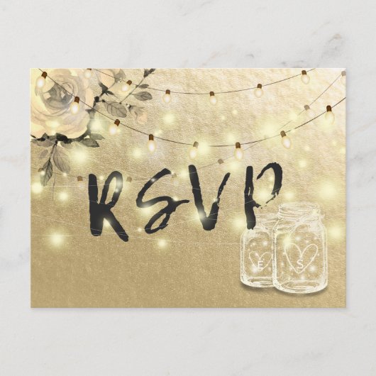 Weddenschap RSVP Floral Mason Jar String Lights Go Uitnodiging Briefkaart (Voorkant)