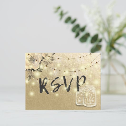 Weddenschap RSVP Floral Mason Jar String Lights Go Uitnodiging Briefkaart (Staand voorkant)