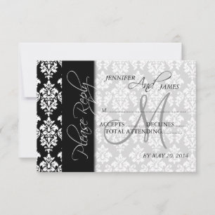 Weddenschap RSVP-kaarten Black Damask 2 Monogram RSVP Kaartje