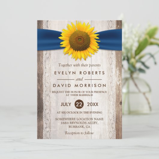 Weddenschap Rustic Barn Wood Sunflower Ribbon Kaart (Staand voorkant)